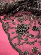 Black Embroidered And Sequin Non Stretch Mesh