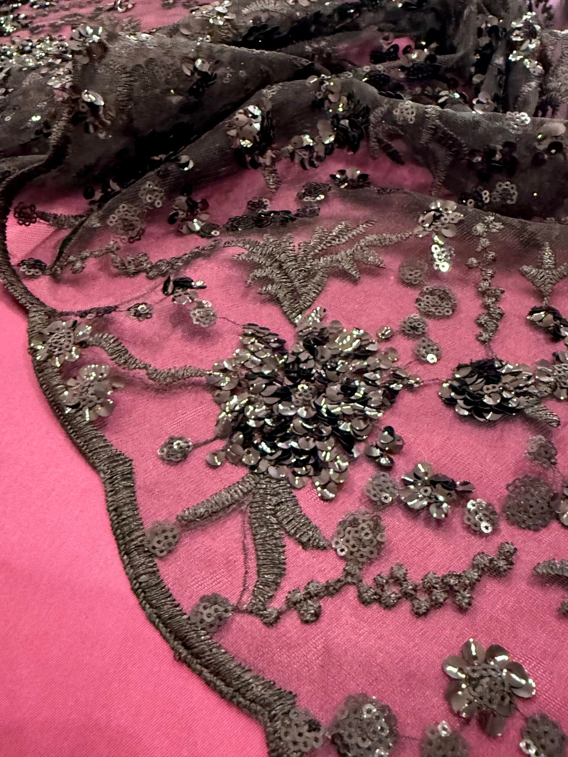 Black Embroidered And Sequin Non Stretch Mesh