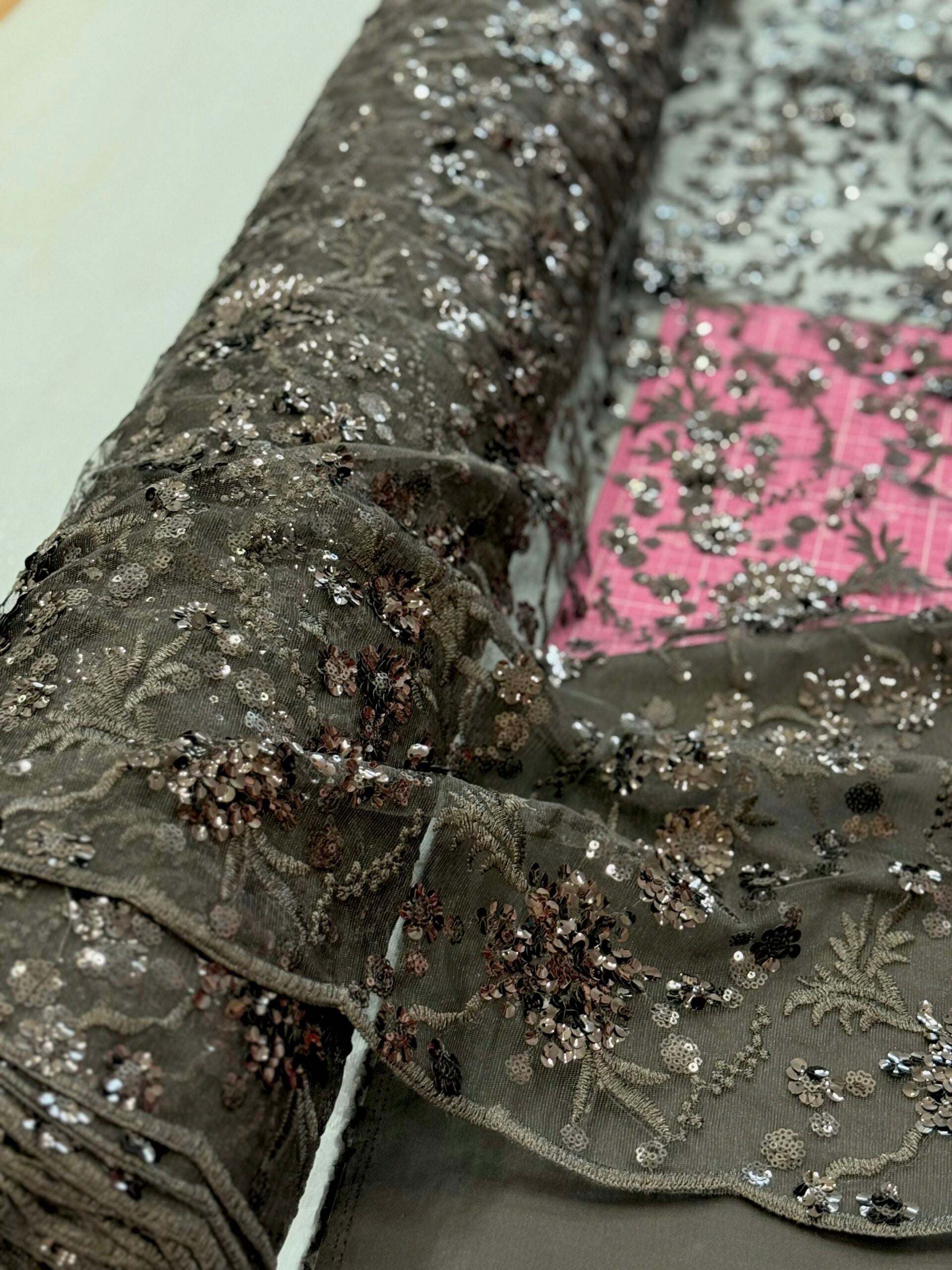 Black Embroidered And Sequin Non Stretch Mesh